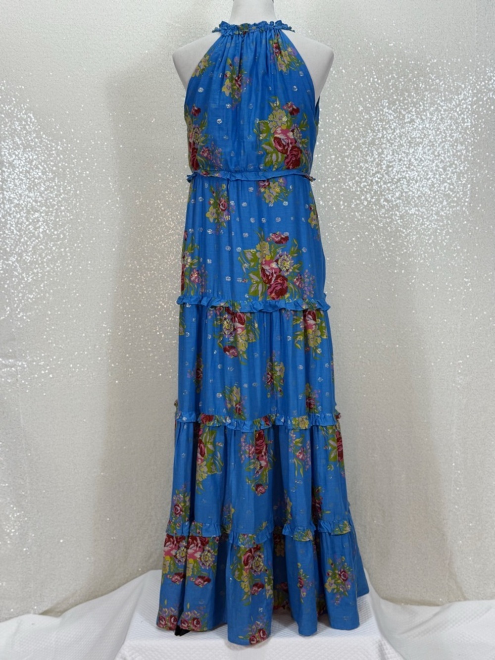 House of Harlow 1960 Blue Floral Maxi Dress Boho Tiered Ruffle Halter Feminine - Picture 8 of 16